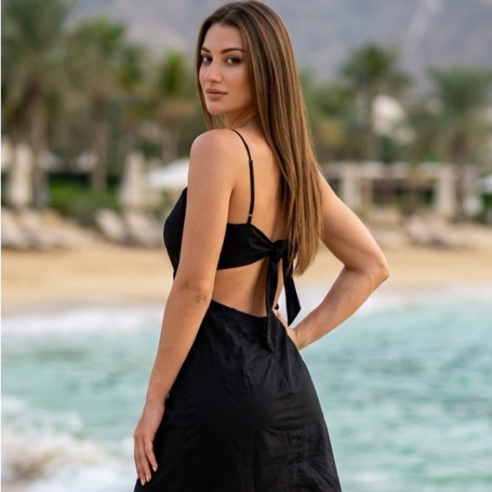 Essue Linen Cotton Cut Out Back Sleeveless Black Mini Dress Women's Size Large